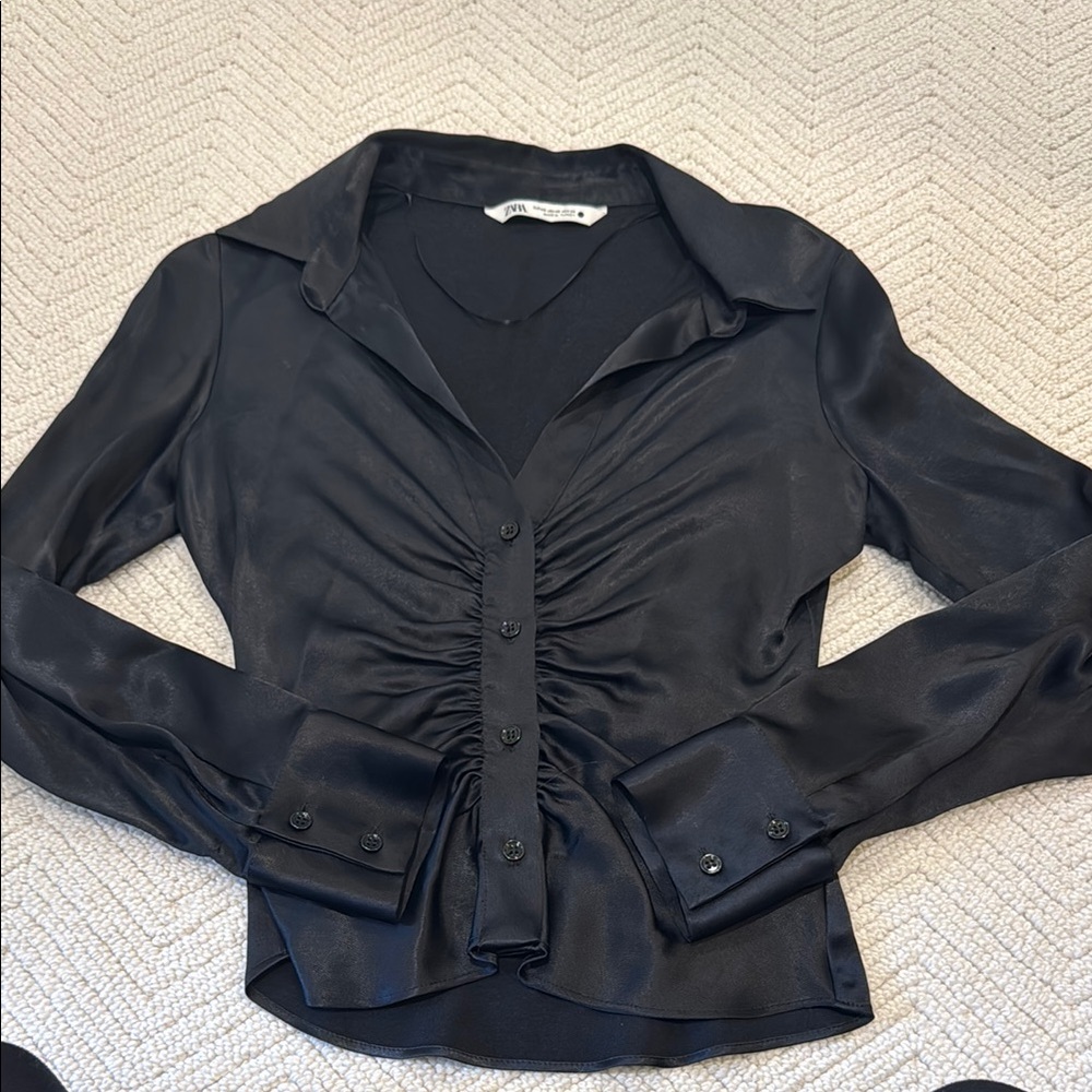 Zara Blue Ruched Notched Collar Blouse